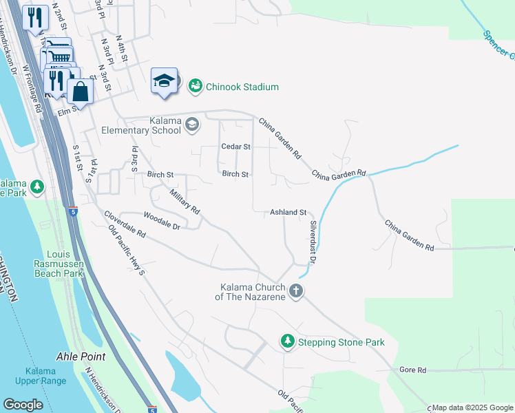 map of restaurants, bars, coffee shops, grocery stores, and more near 1010 Ashland Street in Kalama