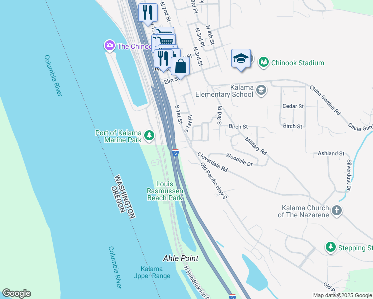 map of restaurants, bars, coffee shops, grocery stores, and more near 6100 Old Pacific Highway South in Kalama