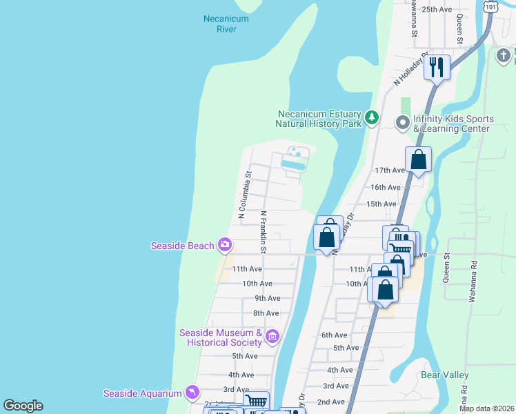 map of restaurants, bars, coffee shops, grocery stores, and more near 330 15th Avenue in Seaside