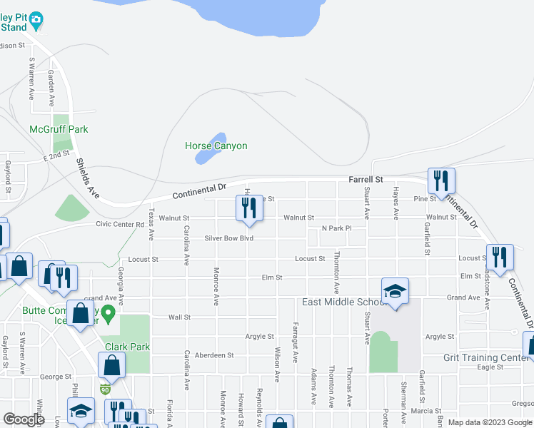 map of restaurants, bars, coffee shops, grocery stores, and more near 2219 Walnut Street in Butte