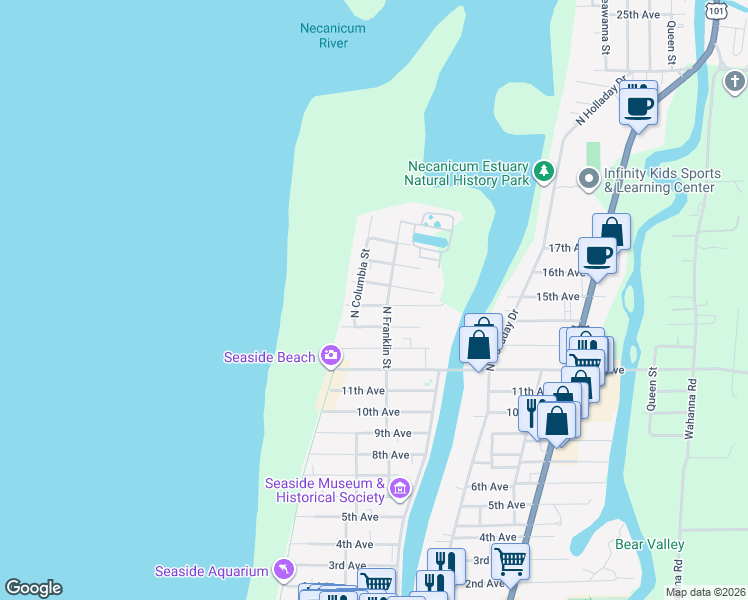 map of restaurants, bars, coffee shops, grocery stores, and more near 330 15th Avenue in Seaside