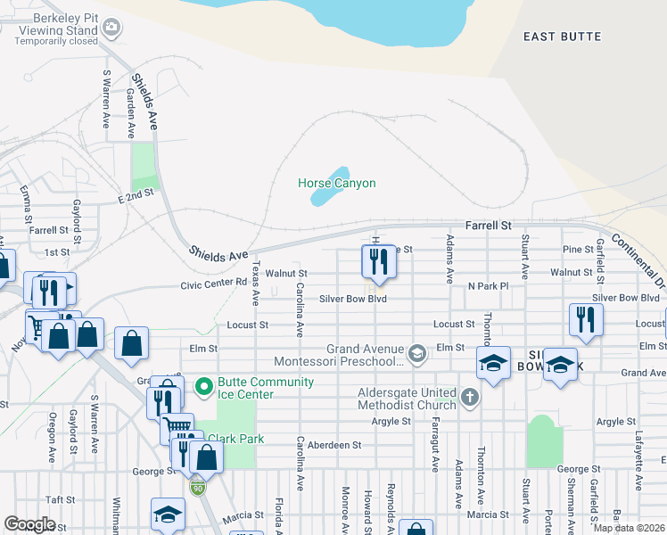 map of restaurants, bars, coffee shops, grocery stores, and more near 2039 Walnut Street in Butte