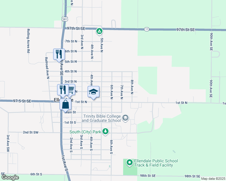 map of restaurants, bars, coffee shops, grocery stores, and more near 608 2nd St N in Ellendale