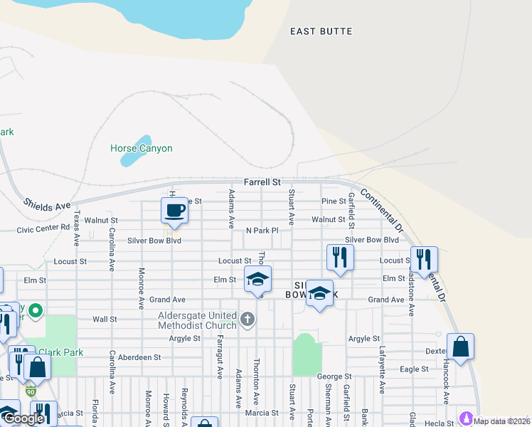 map of restaurants, bars, coffee shops, grocery stores, and more near 2501 Walnut Street in Butte