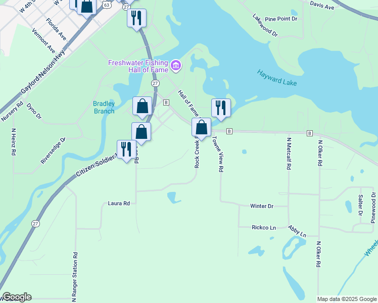 map of restaurants, bars, coffee shops, grocery stores, and more near 10269 Rock Creek Road in Hayward