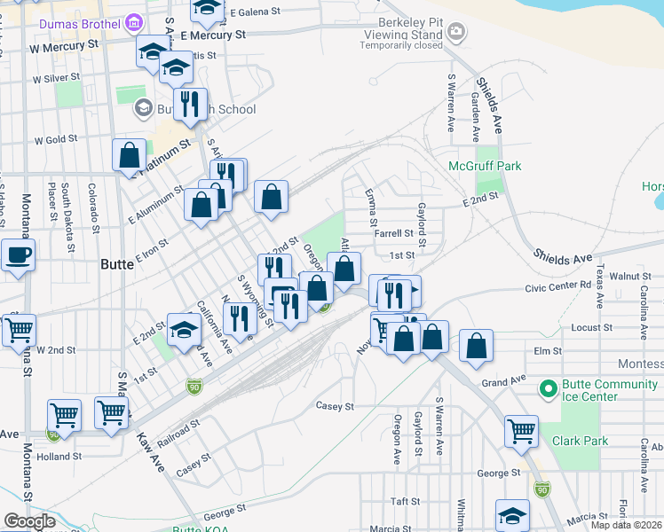 map of restaurants, bars, coffee shops, grocery stores, and more near 1007 Michigan Street in Butte