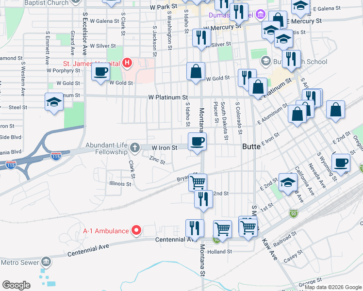 map of restaurants, bars, coffee shops, grocery stores, and more near South Idaho Street in Butte