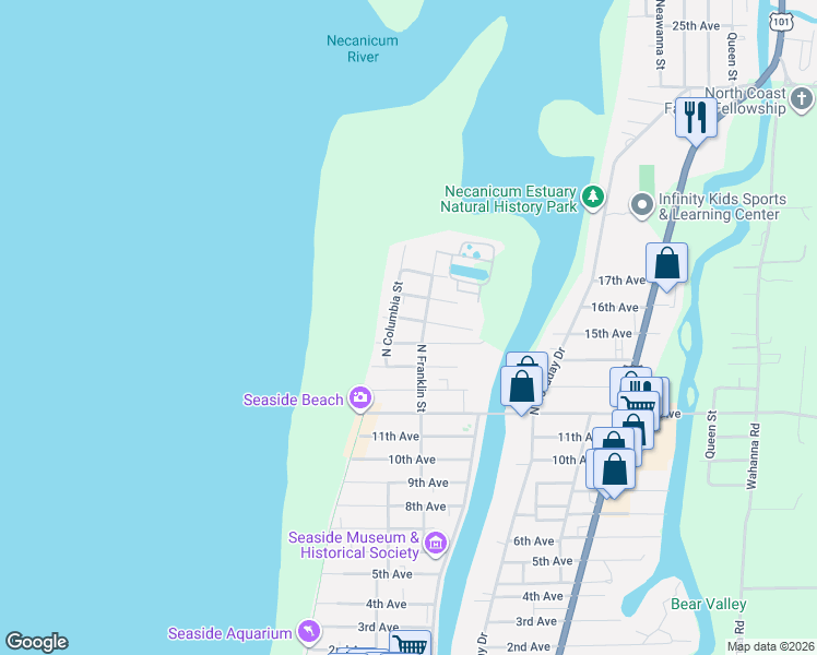 map of restaurants, bars, coffee shops, grocery stores, and more near 337 16th Avenue in Seaside