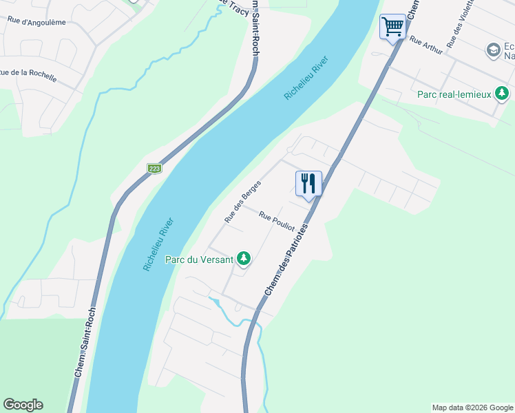 map of restaurants, bars, coffee shops, grocery stores, and more near 75 Rue Pouliot in Sorel-Tracy