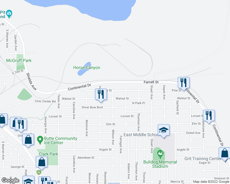 map of restaurants, bars, coffee shops, grocery stores, and more near 2304 Pine Street in Butte