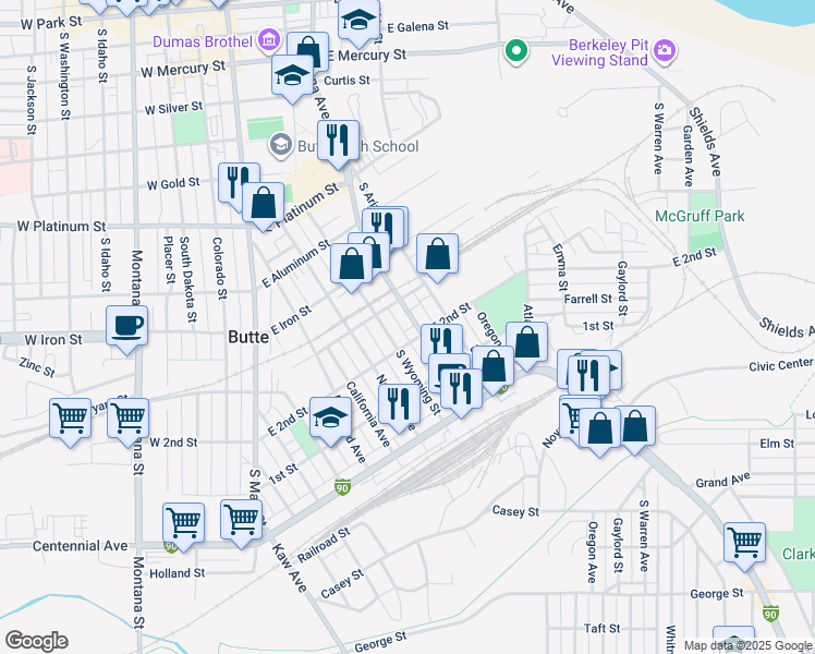 map of restaurants, bars, coffee shops, grocery stores, and more near 1004 South Wyoming Street in Butte