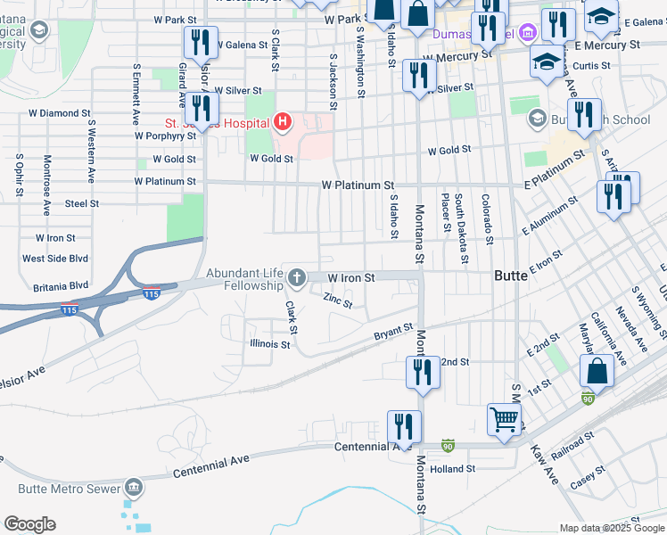 map of restaurants, bars, coffee shops, grocery stores, and more near 817 South Jackson Street in Butte