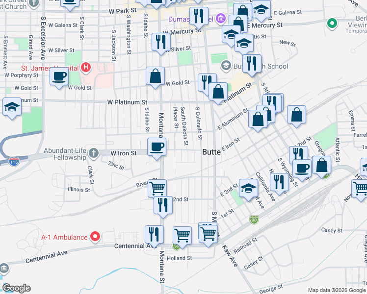map of restaurants, bars, coffee shops, grocery stores, and more near 818 Placer Street in Butte