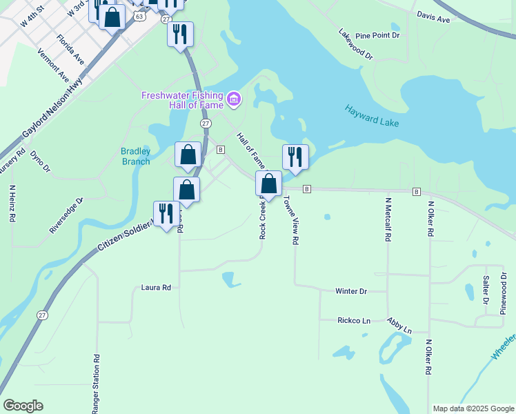 map of restaurants, bars, coffee shops, grocery stores, and more near 10269 Rock Creek Road in Hayward