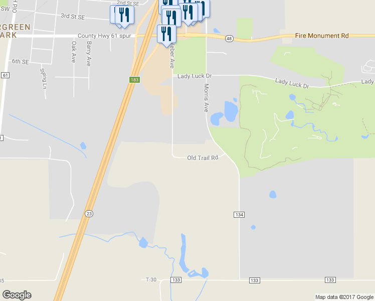 map of restaurants, bars, coffee shops, grocery stores, and more near 541 Old Trail Road in Hinckley