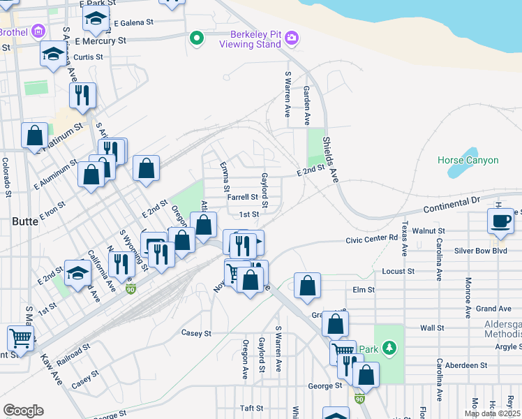 map of restaurants, bars, coffee shops, grocery stores, and more near 1311 Farrell Street in Butte