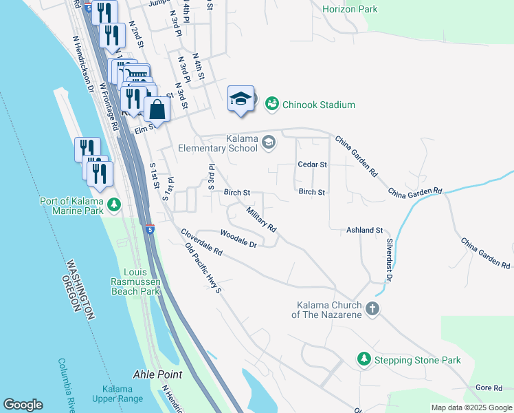map of restaurants, bars, coffee shops, grocery stores, and more near 520 Military Road in Kalama