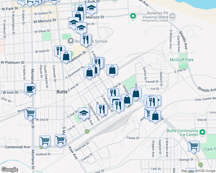 map of restaurants, bars, coffee shops, grocery stores, and more near 932 Utah Avenue in Butte