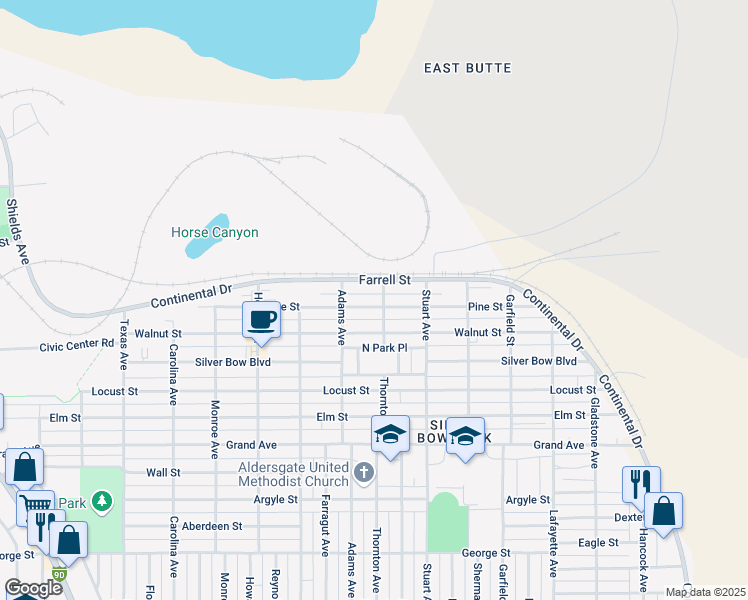 map of restaurants, bars, coffee shops, grocery stores, and more near 2502 Farrell Street in Butte