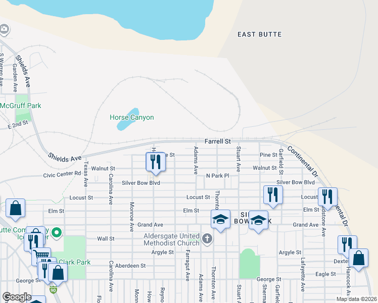 map of restaurants, bars, coffee shops, grocery stores, and more near 2404 Farrell Street in Butte