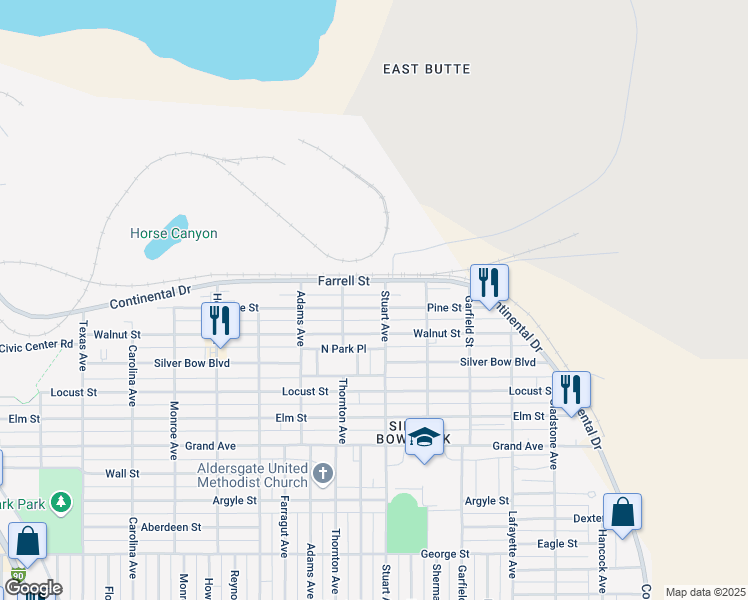 map of restaurants, bars, coffee shops, grocery stores, and more near 2546 Farrell Street in Butte