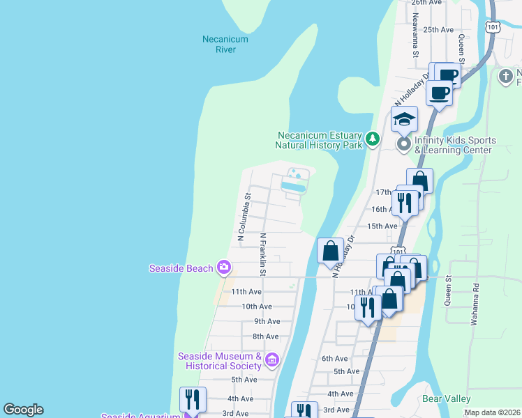 map of restaurants, bars, coffee shops, grocery stores, and more near 1650 North Franklin Street in Seaside