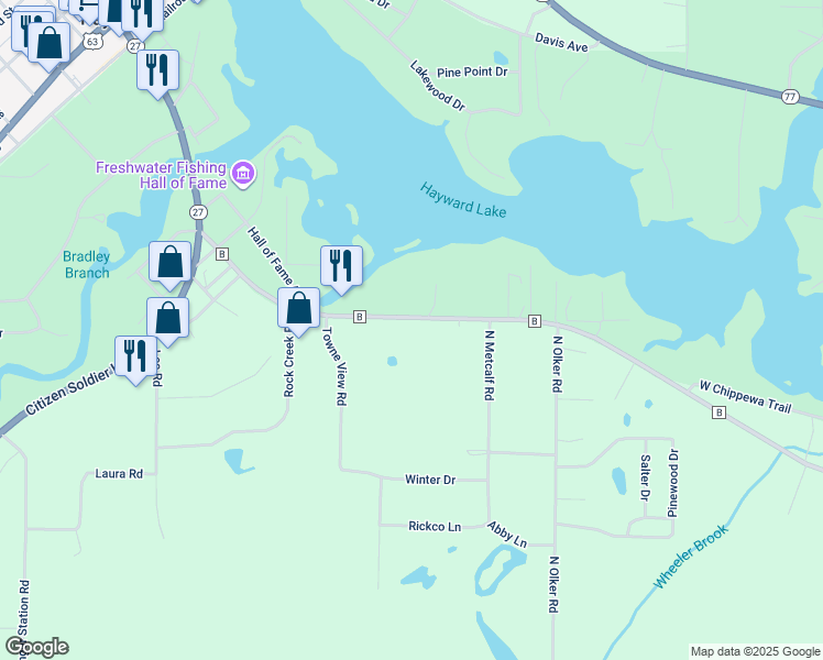 map of restaurants, bars, coffee shops, grocery stores, and more near 15597 County Road B in Hayward