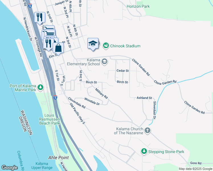 map of restaurants, bars, coffee shops, grocery stores, and more near 522 Birch Street in Kalama