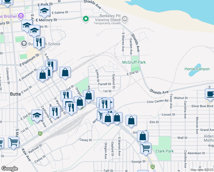 map of restaurants, bars, coffee shops, grocery stores, and more near 1241 Farrell Street in Butte