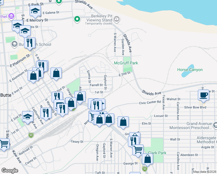 map of restaurants, bars, coffee shops, grocery stores, and more near 1311 Farrell Street in Butte