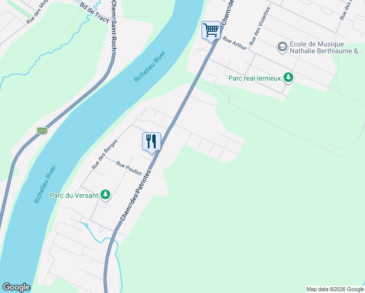 map of restaurants, bars, coffee shops, grocery stores, and more near 40 Rue Bertrand in Sorel-Tracy