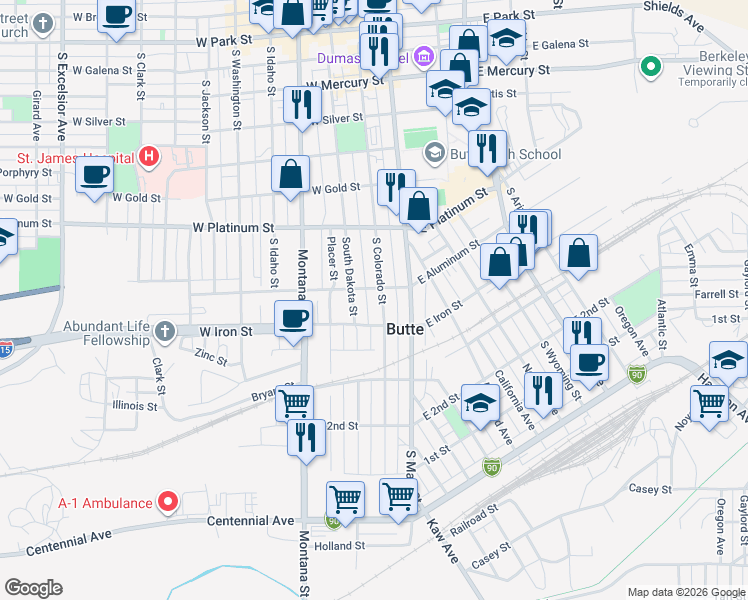map of restaurants, bars, coffee shops, grocery stores, and more near 58 West Aluminum Street in Butte