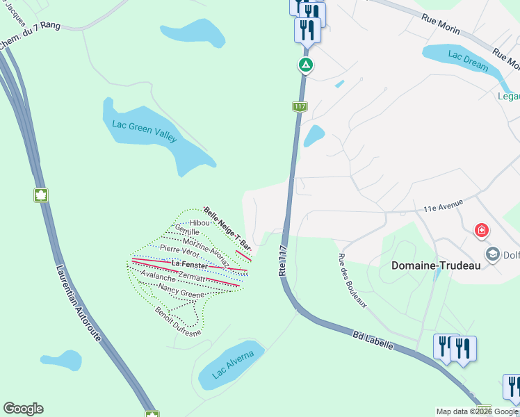 map of restaurants, bars, coffee shops, grocery stores, and more near 36 Domaine Belle Neige in Val-Morin