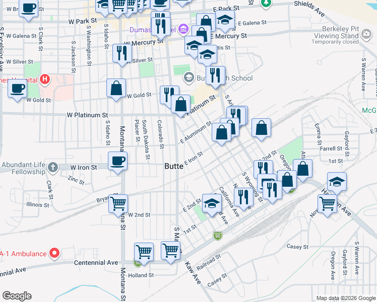 map of restaurants, bars, coffee shops, grocery stores, and more near 724 Maryland Avenue in Butte
