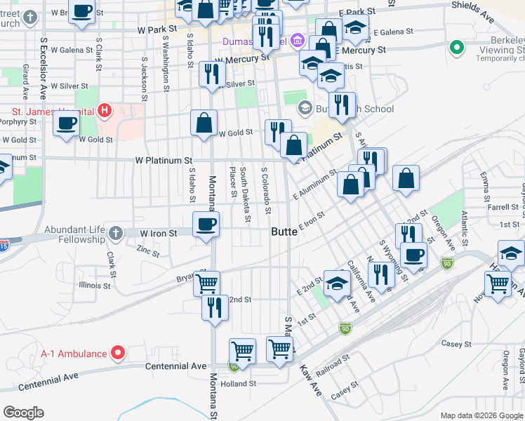 map of restaurants, bars, coffee shops, grocery stores, and more near 58 West Aluminum Street in Butte