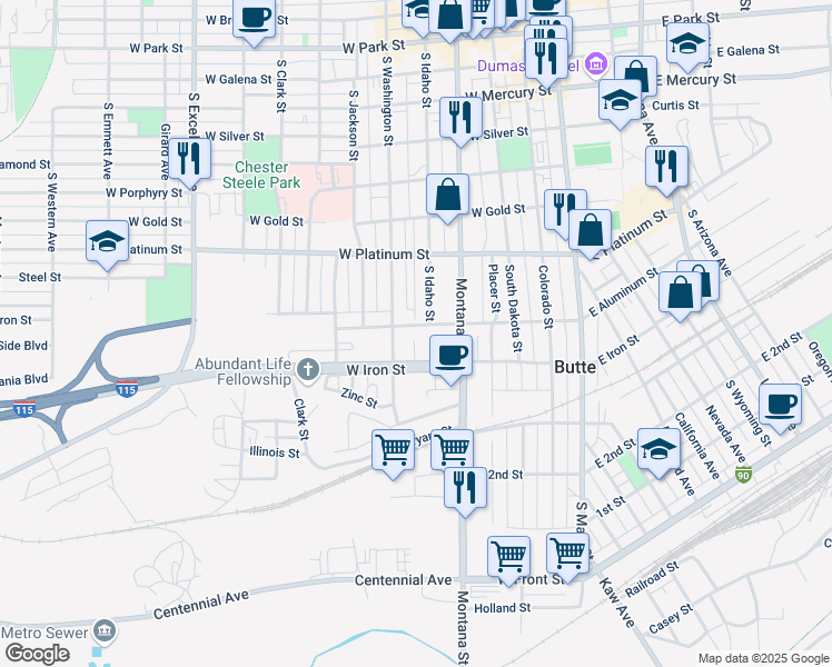 map of restaurants, bars, coffee shops, grocery stores, and more near 305 West Aluminum Street in Butte