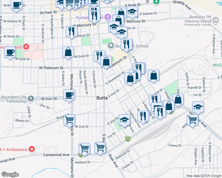 map of restaurants, bars, coffee shops, grocery stores, and more near 724 Maryland Avenue in Butte