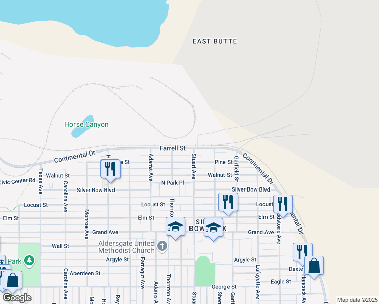map of restaurants, bars, coffee shops, grocery stores, and more near 2546 Farrell Street in Butte