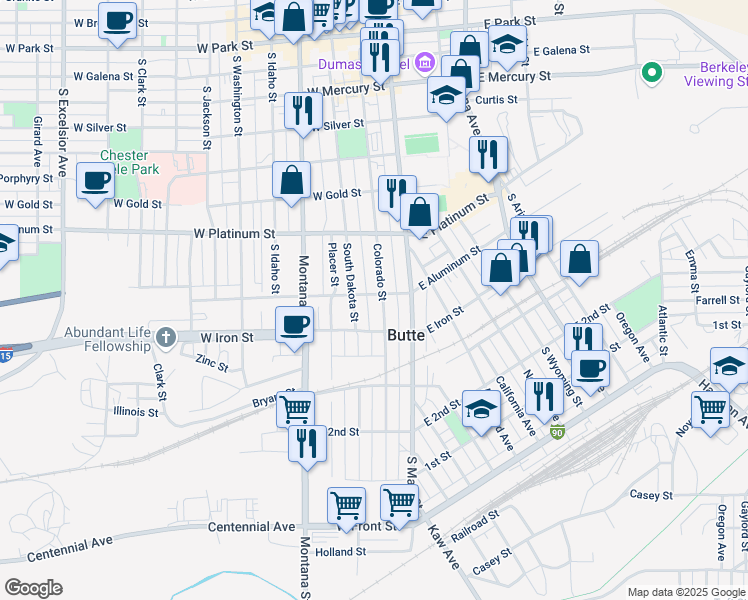 map of restaurants, bars, coffee shops, grocery stores, and more near 58 West Aluminum Street in Butte