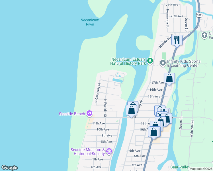 map of restaurants, bars, coffee shops, grocery stores, and more near 350 17th Ave in Seaside