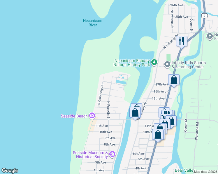 map of restaurants, bars, coffee shops, grocery stores, and more near 350 17th Avenue in Seaside