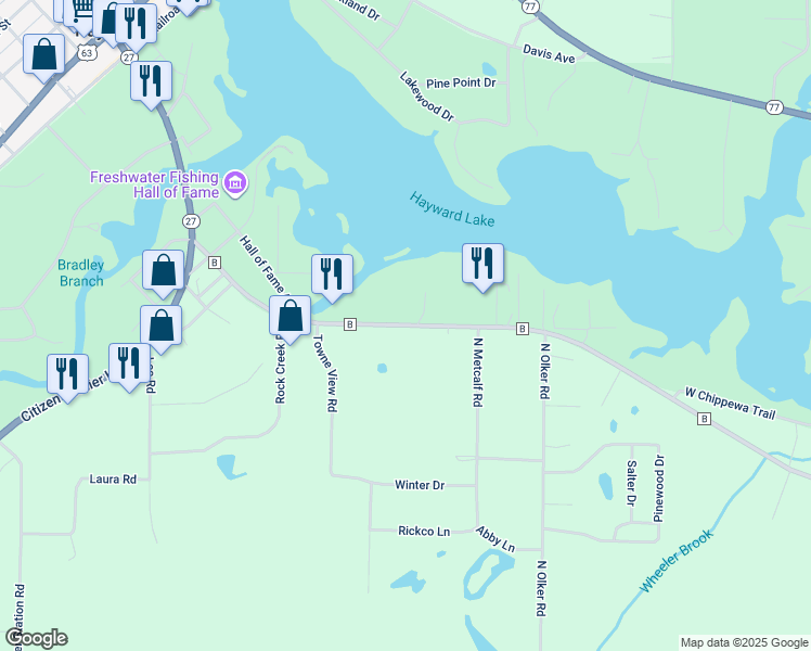 map of restaurants, bars, coffee shops, grocery stores, and more near 15597 County Road B in Hayward