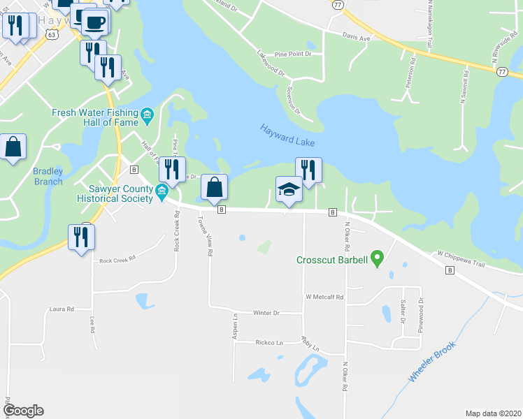 map of restaurants, bars, coffee shops, grocery stores, and more near 15520 County Road B in Hayward