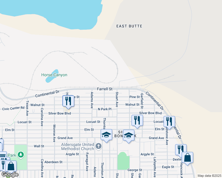 map of restaurants, bars, coffee shops, grocery stores, and more near 2502 Farrell Street in Butte