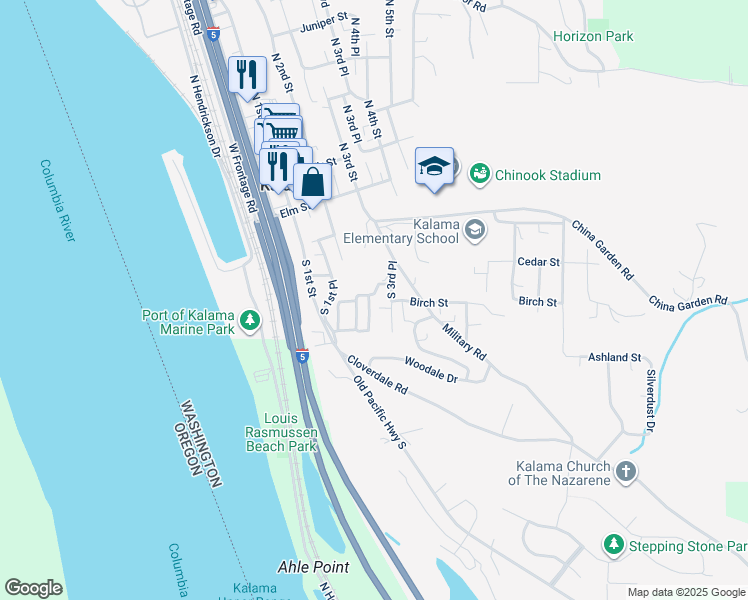 map of restaurants, bars, coffee shops, grocery stores, and more near 359 Birch Street in Kalama