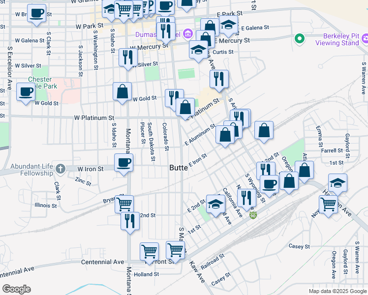 map of restaurants, bars, coffee shops, grocery stores, and more near 702 S Main St in Butte
