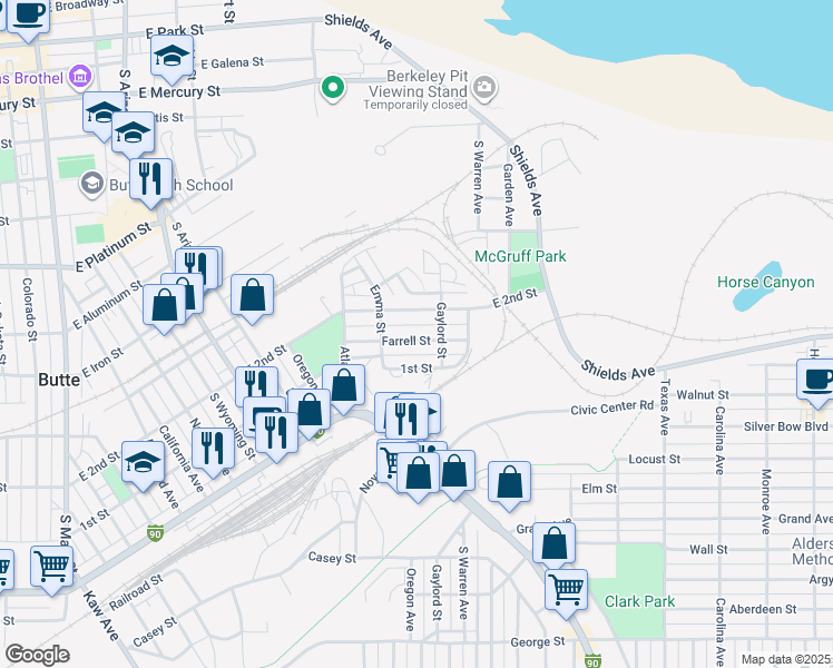 map of restaurants, bars, coffee shops, grocery stores, and more near 1241 Farrell Street in Butte