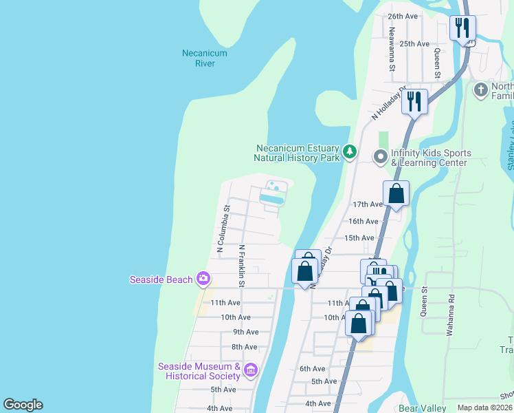 map of restaurants, bars, coffee shops, grocery stores, and more near 431 18th Avenue in Seaside