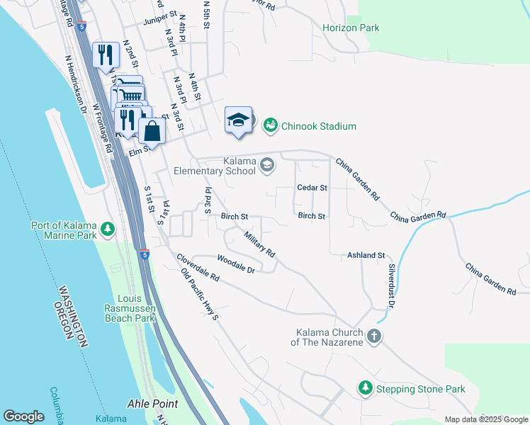 map of restaurants, bars, coffee shops, grocery stores, and more near 522 Birch Street in Kalama