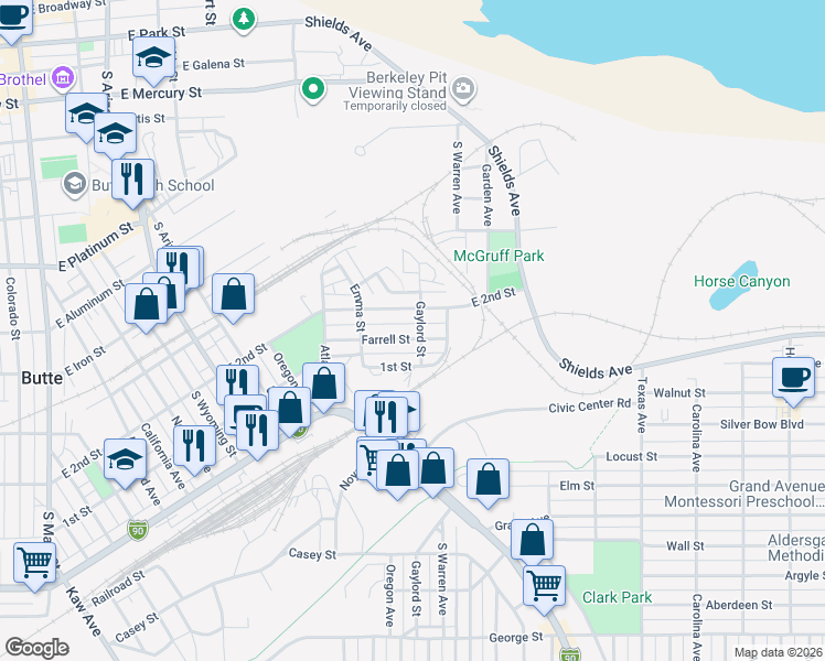 map of restaurants, bars, coffee shops, grocery stores, and more near 1241 Farrell Street in Butte